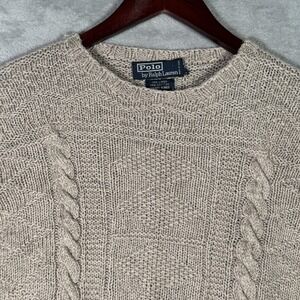 Vintage Ralph Lauren Sweater Mens Small Beige Linen Cotton Cable Knit Crewneck